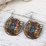 Western style wooden with sunflower shape pattern‎ drop hook earrings Brown Photo 2