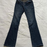 Y2K Mid rise dark wash jeans flattering boot cut fit Size 9 comfort stretch Blue Photo 0