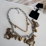 Boutique Statement Two Tone Chain Necklace with Zebra Pendants and Matching Earrings New Photo 1