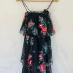 Vintage Chiffon Dark Floral Maxi Midi Dress ILGWU Womens Union Ruffle Spaghetti Strap Black Flower Size 8 Photo 2