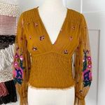 Anthropologie Floral Embroidery Smocked Lace-Up Tulle Blouse Top Gold Sz XS Photo 0