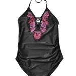 Maternity Swimsuit Halter Black Embroidered Ruched Size Medium NWT #4020 Pink Photo 1