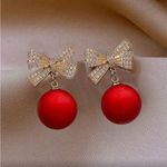 Red and Gold Bow Ornament Earrings Photo 2