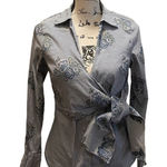 ZARA Woman Striped Floral Wrap Tie Shirt Blue White size Medium Casual button up Photo 0