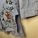 ZARA  Woman Blue Striped Embroidered Floral Button Down Shirt Size S Photo 3