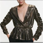 ZARA Gold & Black Shimmer Metallic Long Sleeve Peplum Top Blouse Size Small S Photo 1