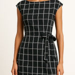 Ann Taylor  LOFT Women Black White Plaid Cap Sleeve Tie Mini Sheath Dress Size 4 Photo 0