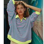 NEW Striped Oversized Sweatshirt Color Block Long Sleeve Pullover 80’s Preppy L Pink Size L Photo 6
