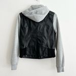 Last Kiss  Y2K Black Leather Hybrid Gray Hooded Zip Moto Jacket Size Medium Photo 4