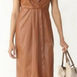 Nine West Women's Size Med NWT Faux-Leather Midi Dress Short Sleeve Maple Brown Photo 0