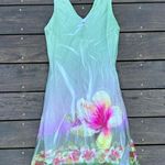 RARE Vintage Y2K Just in Time Green w/ Pink Floral Mini Dress w/ Mesh Overlay Size L Photo 0