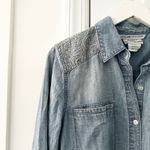 Chico's Platinum Denim Light Chambray Button Down Embroidered Lace Shoulders 1 Photo 1