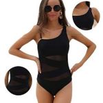 Sexy One Piece One Shoulder Swimsuit Slimming Mesh Size Small NWT #2278 Black Photo 0