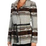 Paige Haylynn Heather Gray Custard Brown Zip Up Coat w/ Black Leather Belt $249 VGUC S Photo 0