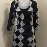 2000s Y2K Black grey white argyle mini aline sweater dress preppy minimalist gothic grunge dark academia Size S Photo 0