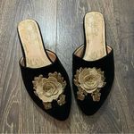 JOYFOLIE Black Velvet Valentina Flats w/ Gold Floral Details Size 6.5 Photo 0