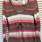 DKNY Jeans Cable Knit Hood Sweater V Neck Long Sl Size S Pink/Brown Striped Tie Photo 0