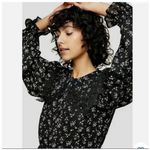 Topshop  Mini Dress Womens 8 Black Floral Long Sleeve Ruffle Collar Photo 3