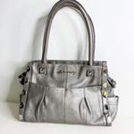 B. Makowsky Pewter Silver Metallic Leather Bag Purse Satchel Handles Photo 1