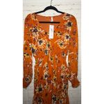 Ny Collection Orange Floral Print Midi Chiffon Dress Smocked Waist Long Sleeve L Photo 1