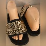 Kendall + Kylie  women black leather slide Shiloh gold chain sandals US 7.5 Photo 8
