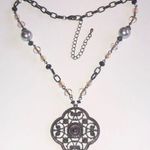 Gunmetal Gray Dark Metal Beaded Boho Cutout Pendant Necklace Black Photo 1
