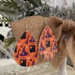Boutique Halloween Fall Faux Leather Teardrop Dangle Earrings Witch Cats Photo 2