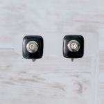 Liz Claiborne Vintage  Clip On Earrings Black Rounded Square with Clear Gem Photo 0