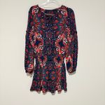 Parker Paisley Long Sleeve Silk Blouson Smocked Boho Mini Dress Blue Red XS Photo 1