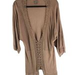 J.Jill Beige Boho Cardigan Thin Knit Crochet Trim Tussah Silk Cotton Blend M Photo 0