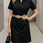 Ann Taylor Shirt Dress Black 10 Pockets Cotton Spandex Tab Sleeves Button Down Photo 0