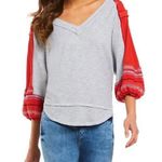 Free People  We The Free Waffle Knit Bubble Tee Gray and Red Boho Size Small Photo 0