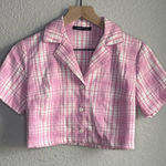 Brandy Melville 💖 Pink and White Plaid Vivian Cropped Button Top Photo 0