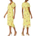 DKNY  Shirred Floral Print Crepon Midi Dress Womens 14 Yellow Flutter Sleeve Chic Photo 2