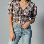 Y2K Plaid Smocked Crop Top M/L Puff Sleeve Ruffle Cottagecore NWOT Black Size L Photo 0