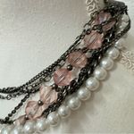 Chunky Silver Chain Faux Pearl & Rhinestone Bow Multi Strand Necklace Y2K Photo 2