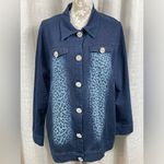 Quacker Factory  Denim Jacket 1X Blue Leopard Print Rhinestone Buttons Photo 2