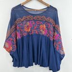 Free People  Embroidered Floral Mesh Navy Blue Boho Oversized Top Kimono Sleeve‎ Photo 1