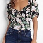 EXPRESS Bodysuit Womens M Floral Eyelet Puff Sleeve Thong Cottagecore Romance Photo 0