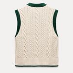 ZARA NWT Cable Knit Varsity Sweater Vest in Cream/Green - Photo 2