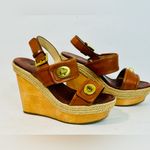 Coach Mariam Brown Leather Wedge Sandals, Brass Hardware, Wood Platform sz 6.5 Photo 2