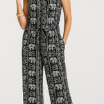 Soft Surroundings Elephant Print Sleeveless Jumpsuit XL Black White Boho Wide Photo 0