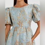 Mac Duggal  11608 Blue Brocade Puff Sleeve High Low Gown Dress Photo 3