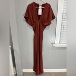 BHLDN NWT Anthropologie Women Leila Deep V Neck Flutter-Sleeve Satin Rust Gown 4 Photo 12
