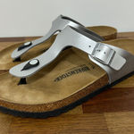 Birkenstocks Gizeh Birko-Flor 41 Leather Thong Sandal Comfort Silver Metallic Photo 0