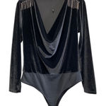 ZARA Black Velvet Witchy Cowl Neck Bodysuit Size L Rhinestone Fringe Long Sleeve Photo 0