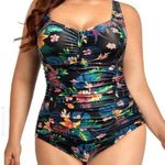 Daci Women’s 16W Tropical Print Ruched One Piece Swimsuit Black Photo 0
