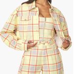 We Wore What NWT Plaid Denim Pale Yellow Jean Jacket Cropped in Garden Glade sz M Photo 2