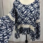 Chelsea & Theodore Navy Boho Top Ruffled Hem Flared Bell Sleeve Crochet Trim Blue Size XL Photo 0