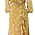 JessaKae Floral Cascading Ruffled Faux Wrap Midi Dress Mustard Blush Size Small Yellow Photo 3